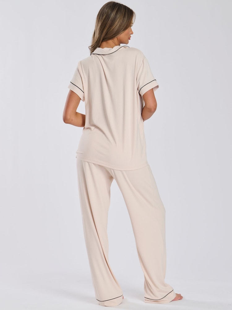 Loungeable Plain Cream Short Sleeve and Long Bottom Traditional Pyjama Set - Image 2 of 5