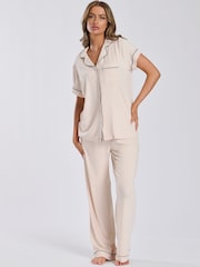 Loungeable Plain Cream Short Sleeve and Long Bottom Traditional Pyjama Set - Image 3 of 5