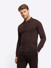 River Island Brown Muscle Fit Long Sleeve Texture Knit Polo Shirt - Image 1 of 4