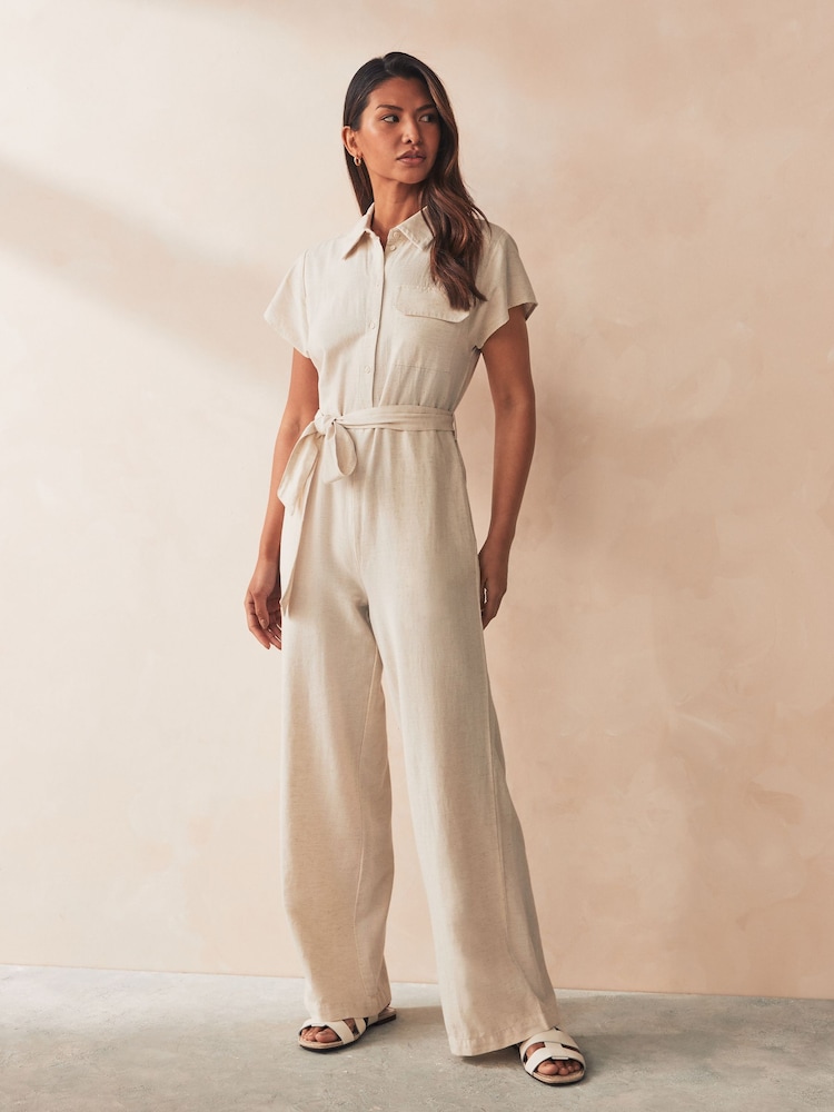 VILA Cream Linen Blend Tie Wasit Jumpsuit - Image 1 of 5