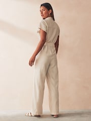 VILA Cream Linen Blend Tie Wasit Jumpsuit - Image 2 of 5