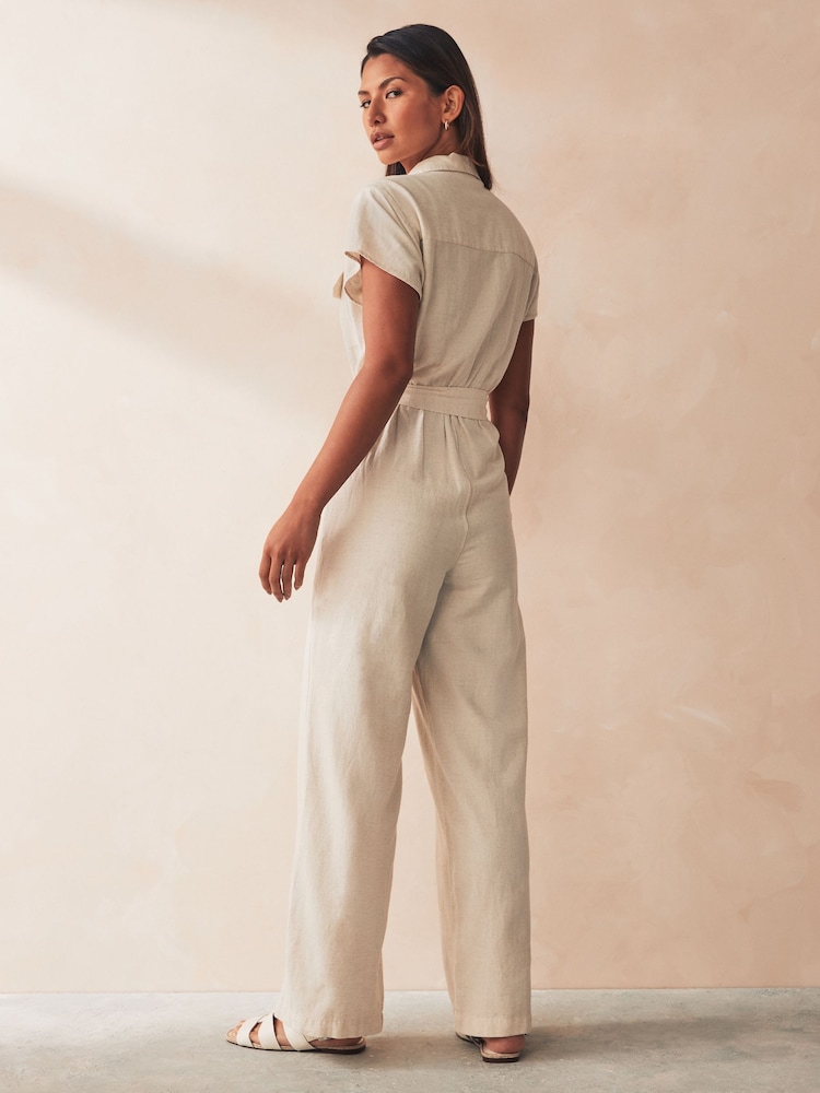 VILA Cream Linen Blend Tie Wasit Jumpsuit - Image 2 of 5