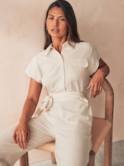 VILA Cream Linen Blend Tie Wasit Jumpsuit - Image 3 of 5