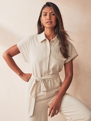 VILA Cream Linen Blend Tie Wasit Jumpsuit - Image 4 of 5