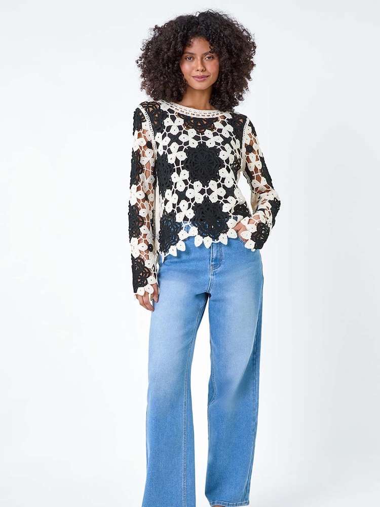 Dusk Black Floral Crochet Knit Jumper - Image 2 of 5