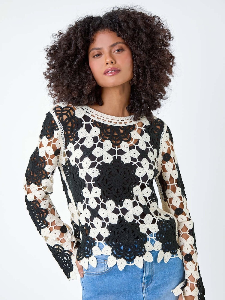 Dusk Black Floral Crochet Knit Jumper - Image 4 of 5