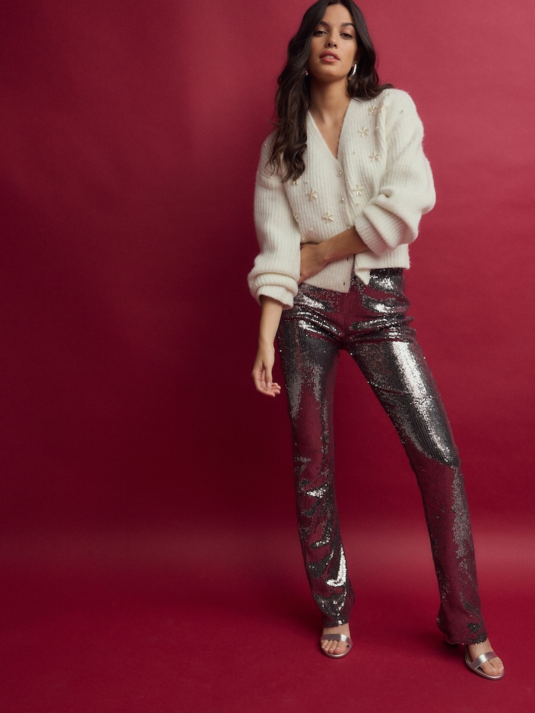 Pewter Grey Sequin Slim Trousers - Image 1 of 7