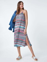 Roman Pink Aztec Style Stripe Stretch Pocket Midi Dress - Image 1 of 5