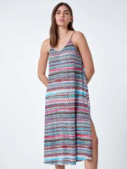 Roman Pink Aztec Style Stripe Stretch Pocket Midi Dress - Image 2 of 5