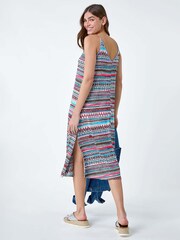 Roman Pink Aztec Style Stripe Stretch Pocket Midi Dress - Image 3 of 5