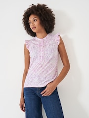 Crew Clothing Purple Lydia Floral Print Ruffled Sleeve 100% Cotton Blouse - Image 1 of 5