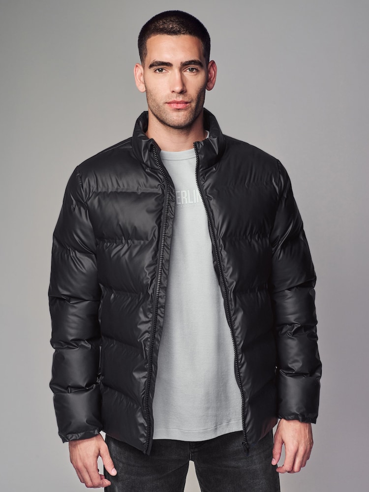 Black Shower Resistant Rubberised Funnel Puffer Coat - Image 1 of 1