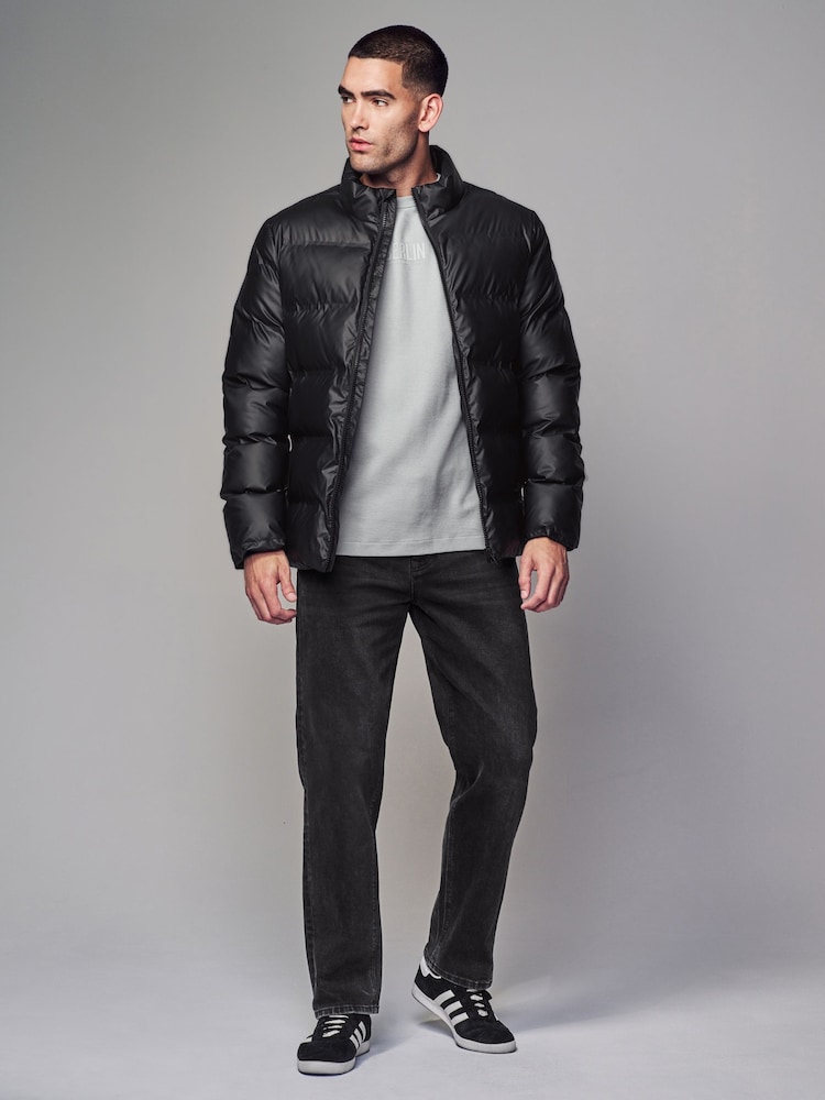 Black Shower Resistant Rubberised Funnel Puffer Coat - Image 2 of 13