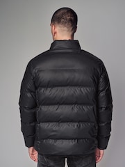 Black Shower Resistant Rubberised Funnel Puffer Coat - Image 3 of 13