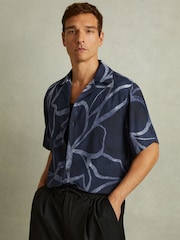 Reiss Indigo Blue Jerry Relaxed Printed Cuban Collar Shirt - Image 1 of 5