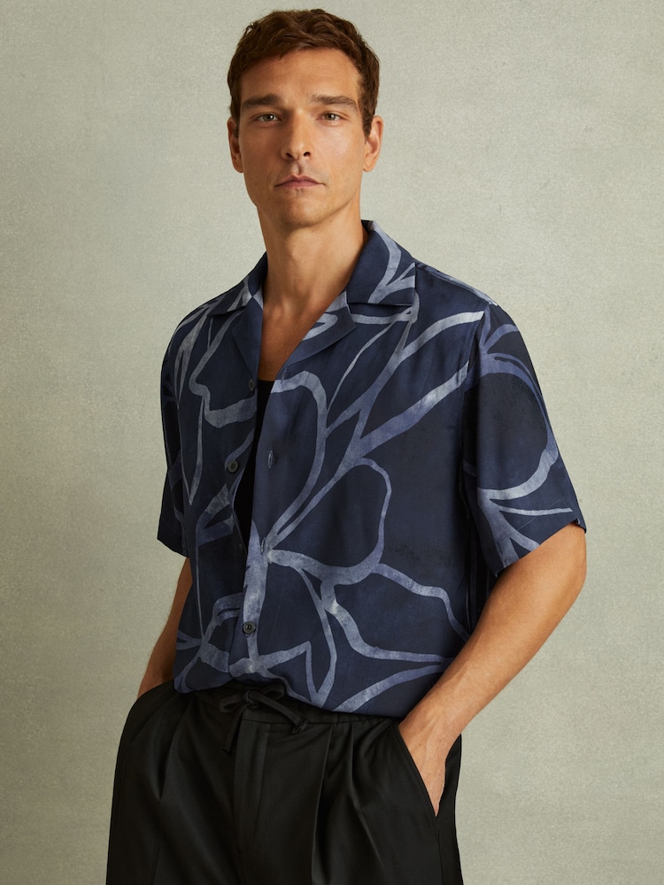 Reiss Indigo Blue Jerry Relaxed Printed Cuban Collar Shirt - Image 1 of 5