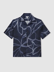 Reiss Indigo Blue Jerry Relaxed Printed Cuban Collar Shirt - Image 2 of 5