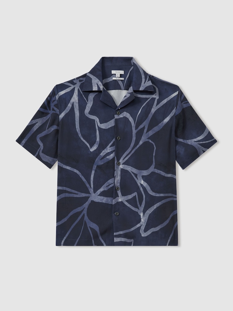 Reiss Indigo Blue Jerry Relaxed Printed Cuban Collar Shirt - Image 2 of 5