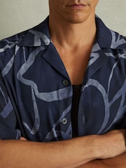 Reiss Indigo Blue Jerry Relaxed Printed Cuban Collar Shirt - Image 3 of 5