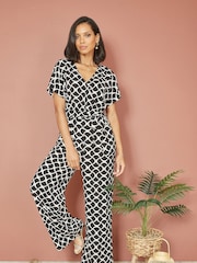 Yumi Black Geometric Print Wrap Jumpsuit - Image 3 of 5