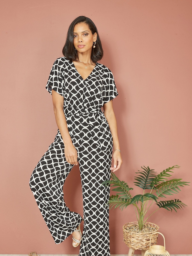 Yumi Black Geometric Print Wrap Jumpsuit - Image 3 of 5