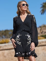 Sosandar Black Embroidered Floral Detail Ruffle Hem Dress - Image 3 of 5