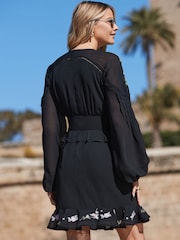 Sosandar Black Embroidered Floral Detail Ruffle Hem Dress - Image 4 of 5