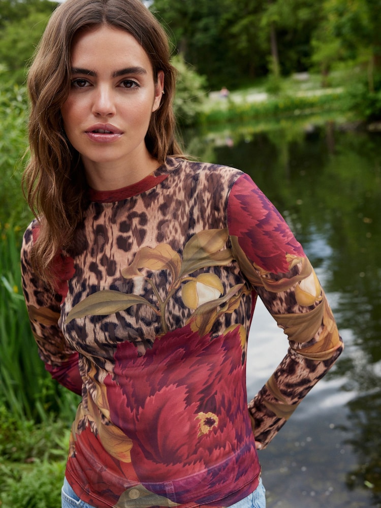 Kew Collection Leopard/Floral Print Long Sleeve Floral Mesh Top - Image 1 of 5