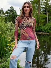 Kew Collection Leopard/Floral Print Long Sleeve Floral Mesh Top - Image 2 of 5