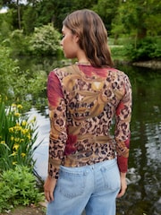 Kew Collection Leopard/Floral Print Long Sleeve Floral Mesh Top - Image 3 of 5