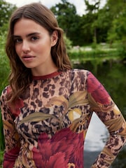 Kew Collection Leopard/Floral Print Long Sleeve Floral Mesh Top - Image 4 of 5