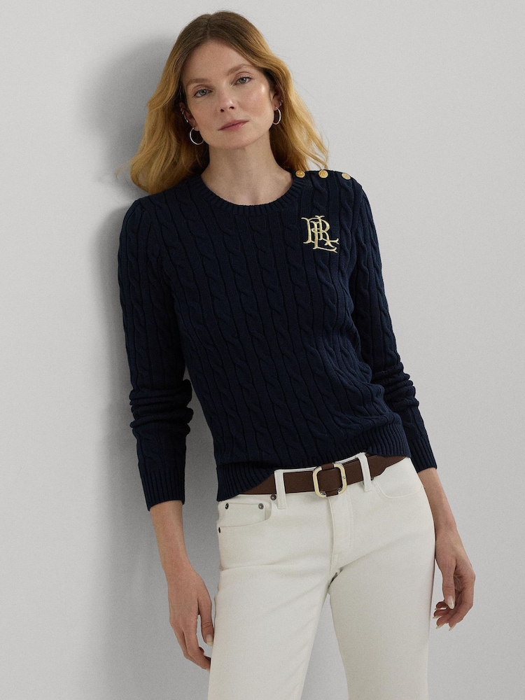 Lauren Ralph Lauren Button Trim Cable Knit 100% Cotton Jumper - Image 1 of 9