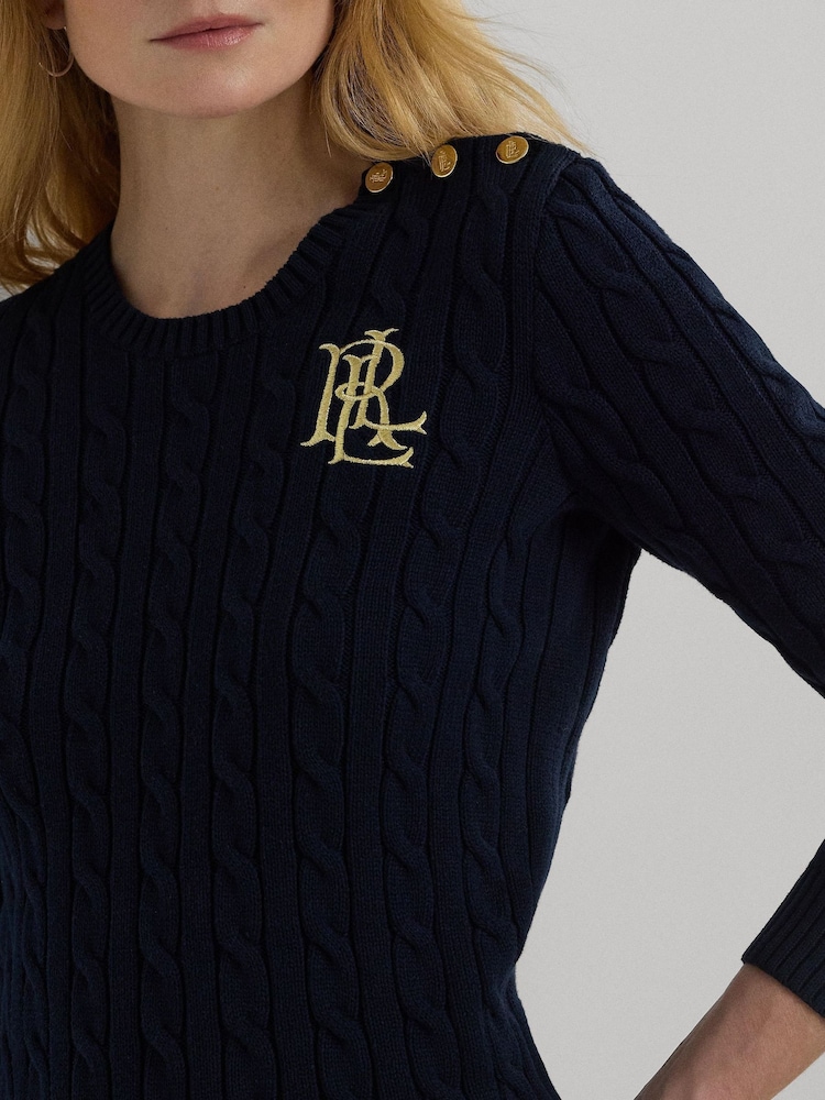 Lauren Ralph Lauren Button Trim Cable Knit 100% Cotton Jumper - Image 5 of 9
