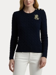 Lauren Ralph Lauren Button Trim Cable Knit 100% Cotton Jumper - Image 7 of 9