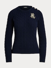 Lauren Ralph Lauren Button Trim Cable Knit 100% Cotton Jumper - Image 9 of 9