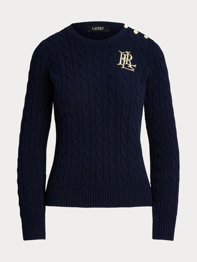 Lauren Ralph Lauren Button Trim Cable Knit 100% Cotton Jumper - Image 9 of 9