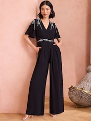 Love & Roses Black Embellished Angel Sleeve Wide Leg Jumpsuit - Image 1 of 4