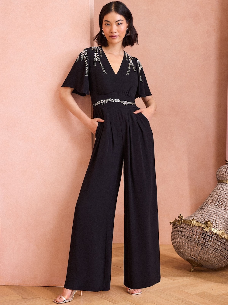 Love & Roses Black Embellished Angel Sleeve Wide Leg Jumpsuit - Image 1 of 4