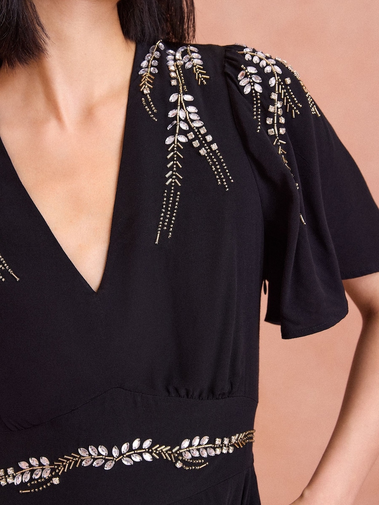 Love & Roses Black Embellished Angel Sleeve Wide Leg Jumpsuit - Image 2 of 4