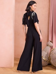 Love & Roses Black Embellished Angel Sleeve Wide Leg Jumpsuit - Image 4 of 4