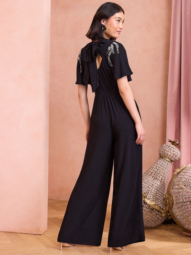 Love & Roses Black Embellished Angel Sleeve Wide Leg Jumpsuit - Image 4 of 4