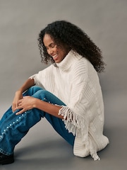 White Ecru High Roll Neck Fringe Knitted Cape Cardigan With Wool - Image 4 of 9