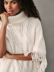 White Ecru High Roll Neck Fringe Knitted Cape Cardigan With Wool - Image 5 of 9