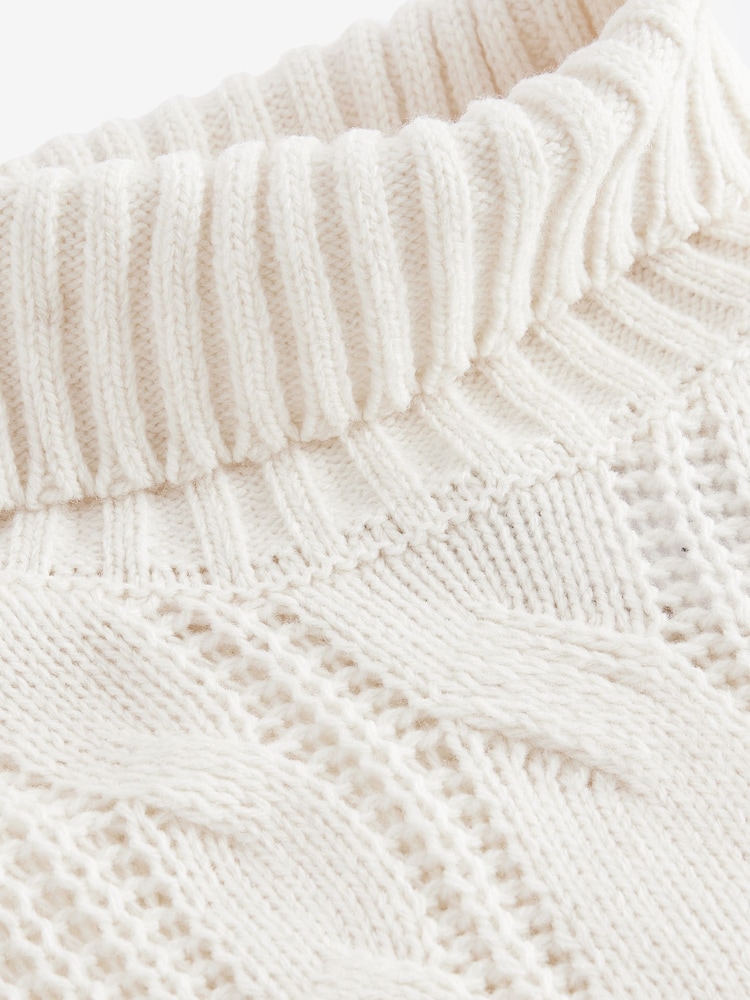 White Ecru High Roll Neck Fringe Knitted Cape Cardigan With Wool - Image 6 of 9