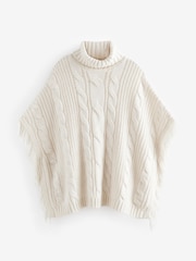 White Ecru High Roll Neck Fringe Knitted Cape Cardigan With Wool - Image 9 of 9