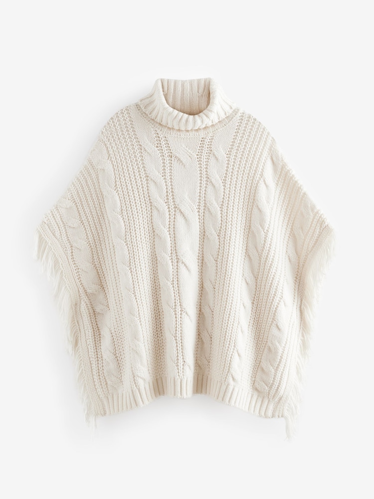 White Ecru High Roll Neck Fringe Knitted Cape Cardigan With Wool - Image 9 of 9