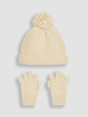 JoJo Maman Bébé Cream Rib Hat & Gloves Set - Image 1 of 4