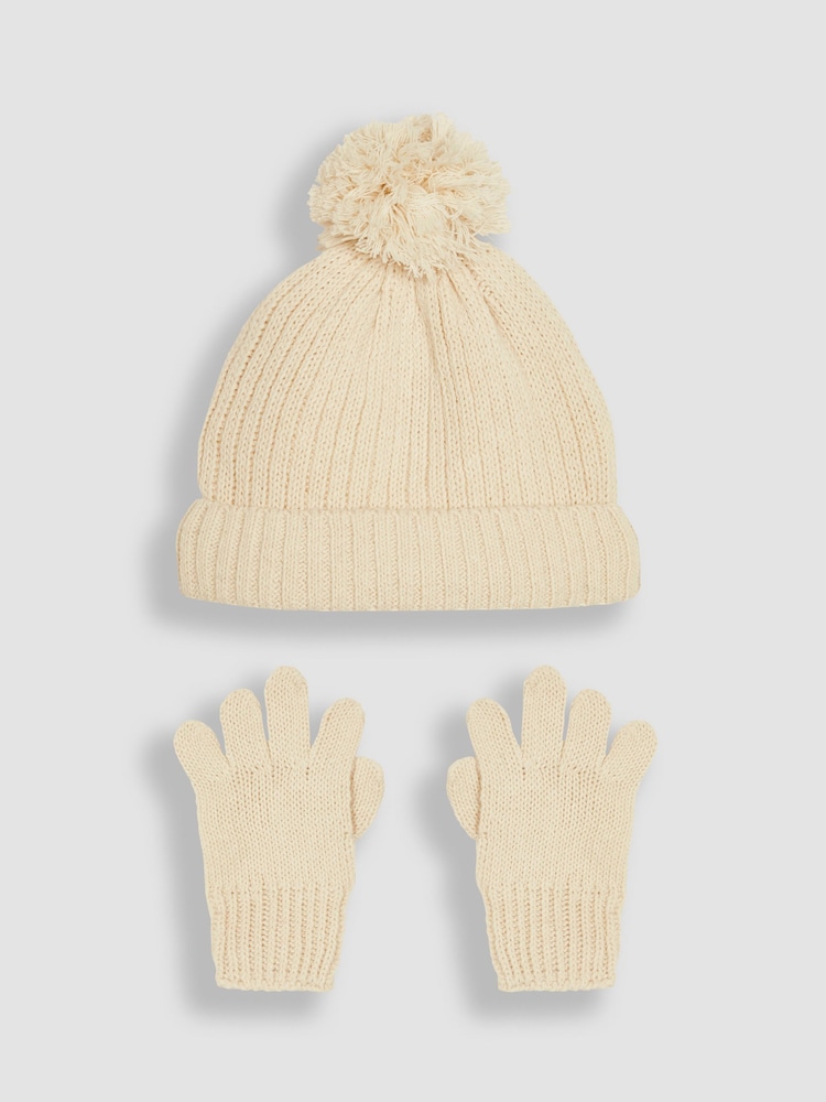 JoJo Maman Bébé Cream Rib Hat & Gloves Set - Image 1 of 4