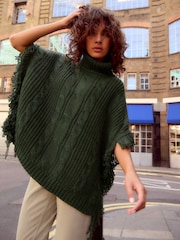 Green Khaki High Roll Neck Fringe Knitted Cape Cardigan With Wool - Image 1 of 8
