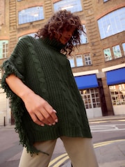 Green Khaki High Roll Neck Fringe Knitted Cape Cardigan With Wool - Image 2 of 8